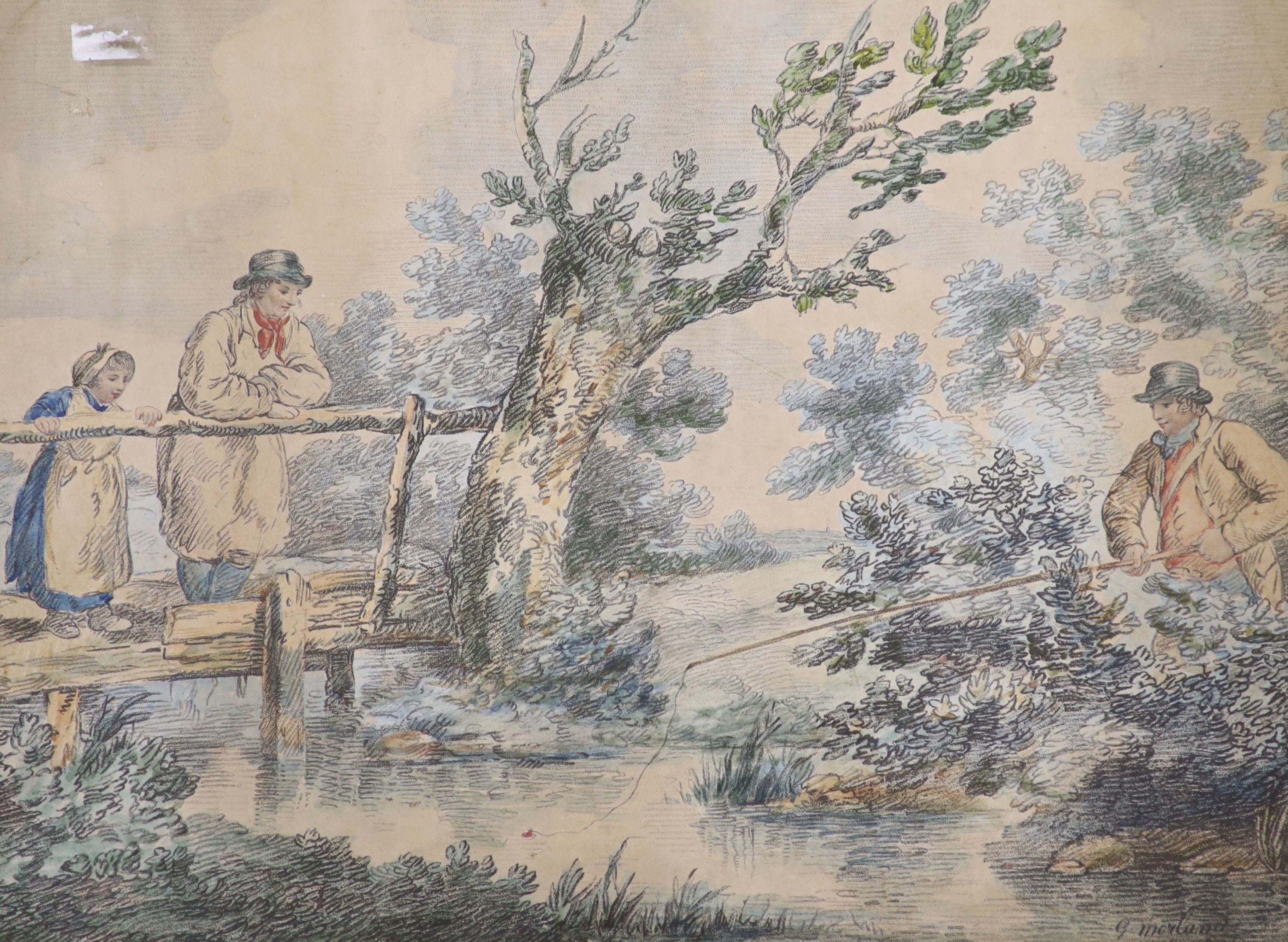 After Morland, pair of colour prints, Swine herds and Angler beside a stream, 31 x 42cm